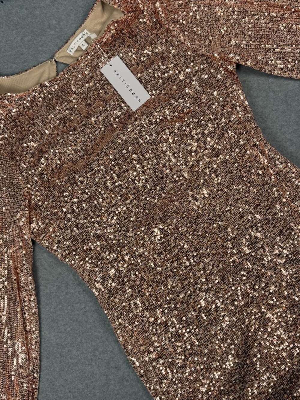 Baltic Born Paige Sequin Mini Dress Champagne Gold Long Balloon Sleeve Large NWT